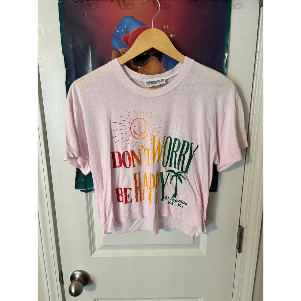 Vintage White Horse St Thomas Dont Worry Be Happy Pink Cropped T-Shirt Large